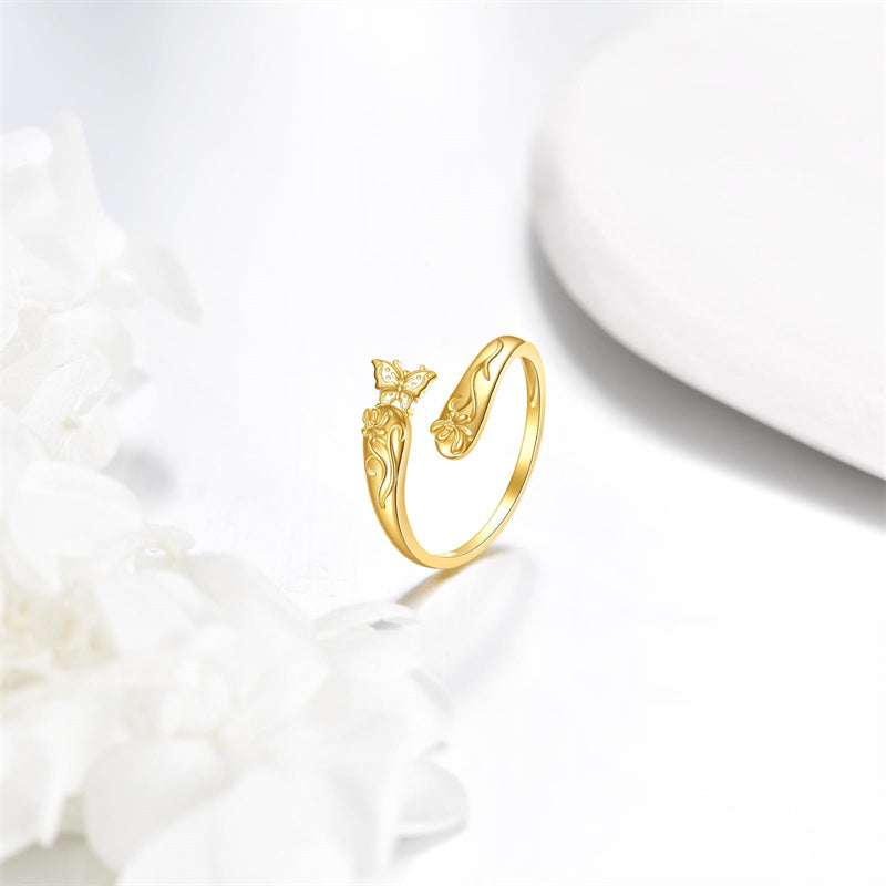 14k Yellow Gold Adjuatable Spoon Dragonfly Butterfly Hummingbird Animal Ring