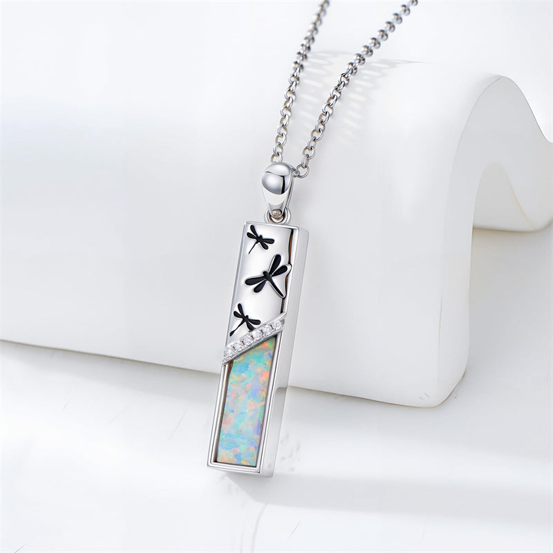 Sterling Silver  Opal Personalized Engraved Bar Pet  Butterfly Dragonfly Tree of Life  Urn Necklace for Ashes