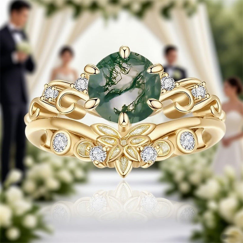 Sterling Silver Oval Round Natural Moss Agate Couples Promise Wedding Ring Set