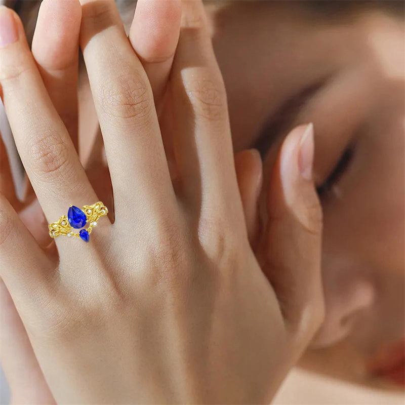 Sterling Silver 10K 14K 18K Gold Pear Cut Gemstone Leaf  Engagement Ring Set