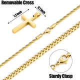 Sterling Silver Layered Cross Necklace for Men with Stainless Steel Cuban Link Rope Chain