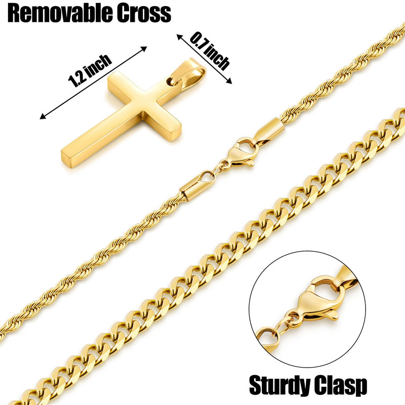 Sterling Silver Layered Cross Necklace for Men with Stainless Steel Cuban Link Rope Chain