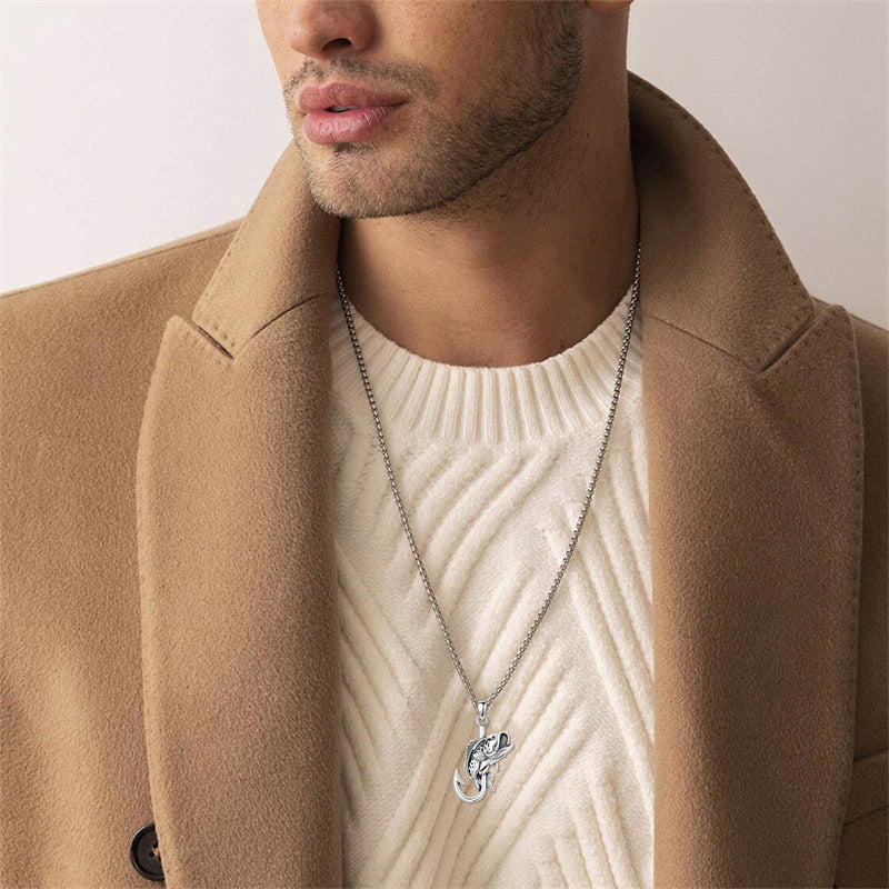 Sterling Silver Antler Fish Hook Pendant Necklace for Men