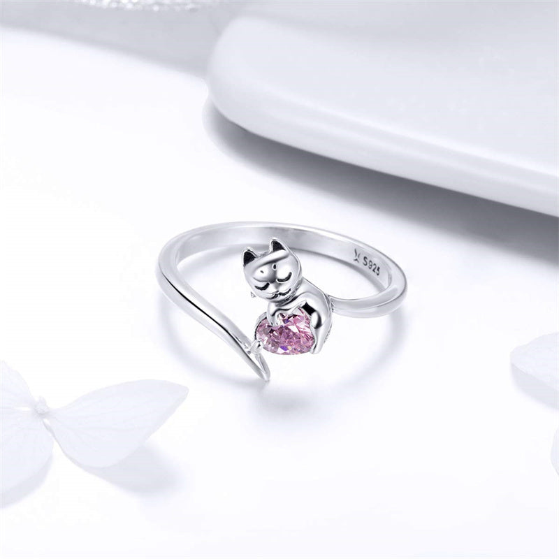 Sterling Silver Cute Cat Adjustable Ring for Women
