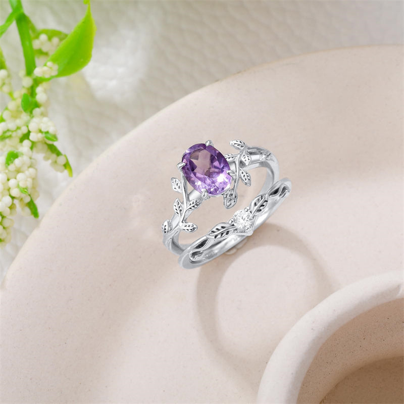 Sterling Silver Oval Shaped  Leaf Gemstone Engagement Rings Set for Women