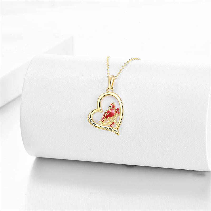 14K Gold Red Cardinal Pendant Necklace Engraved With Always in My Heart