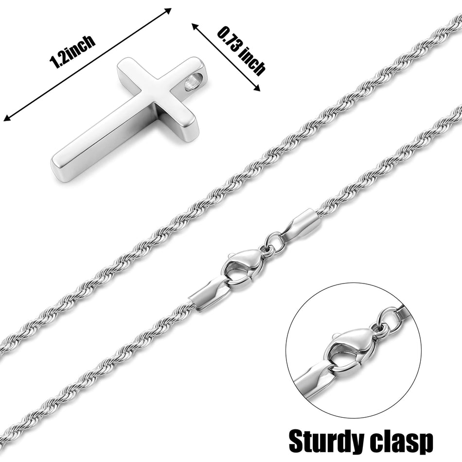 Sterling Silver Cross Pendant Necklace with Stainless Steel 2.0mm Rope Chain