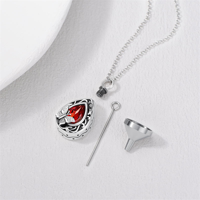 Sterling Silver Personalized Red Cubic Zirconia Butterfly Hummingbird Urn Necklace for Ashes