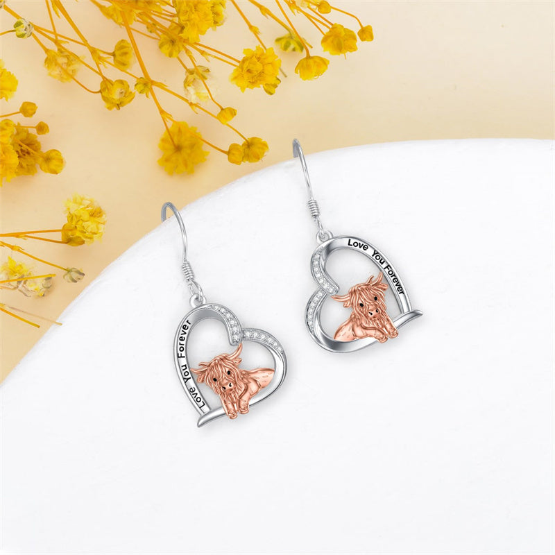 Sterling Silver Highland Cow  Dangle Earrings