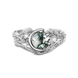 Sterling Silver Personalized  Engraved  Round Cut Moss Agate Engagement Wedding Ring Set for Women