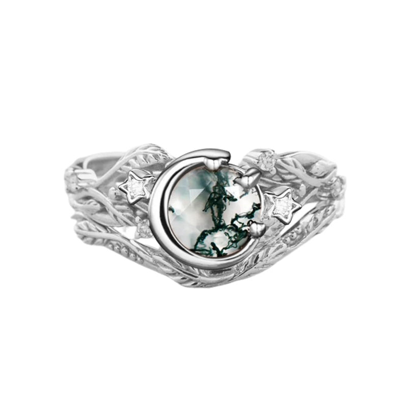 Sterling Silver Personalized  Engraved  Round Cut Moss Agate Engagement Wedding Ring Set for Women