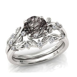 Sterling Silver 10K 14K 18K Personalized Engraved 2CT Natural Black Rutilated Quartz Engagement Ring Set