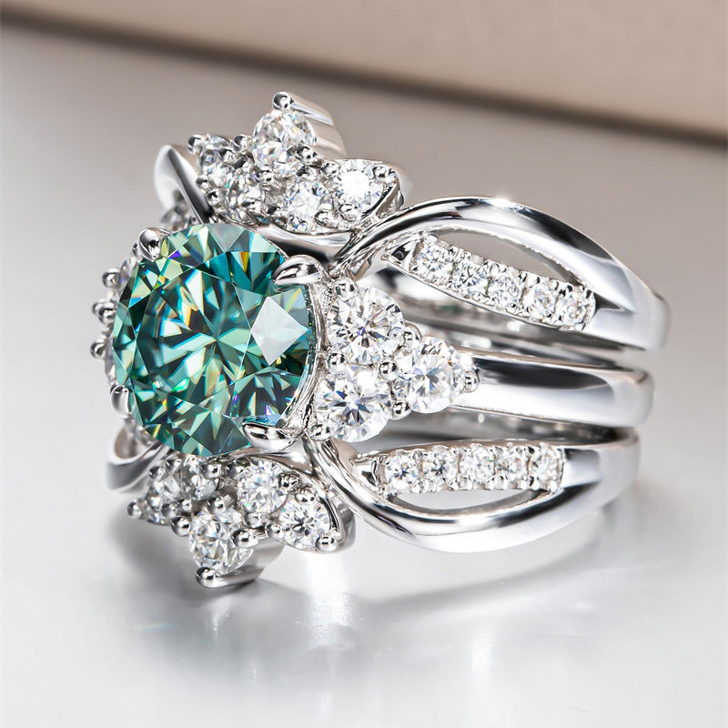 Sterling Silver 4.2 cttw Green Orange Red Moissanite Wedding Band Ring Set