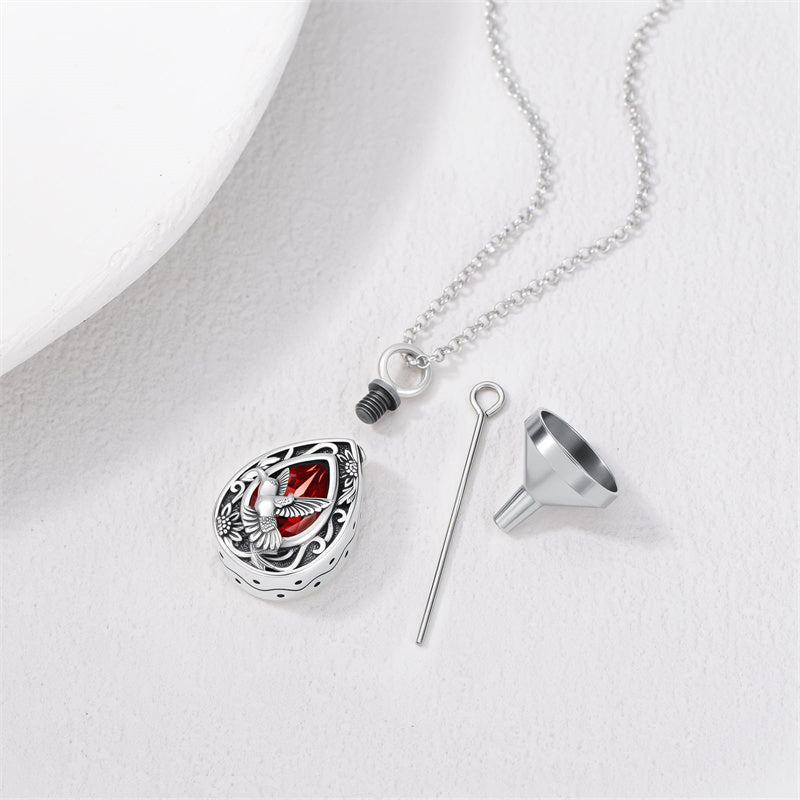 Sterling Silver Personalized Red Cubic Zirconia Butterfly Hummingbird Urn Necklace for Ashes