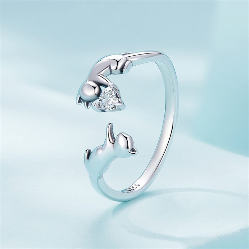 Sterling Silver Cute Cat Adjustable Ring for Women
