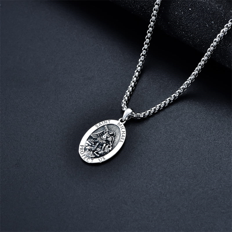 Sterling Silver Oval Round Medal St Michael Pendant Necklace