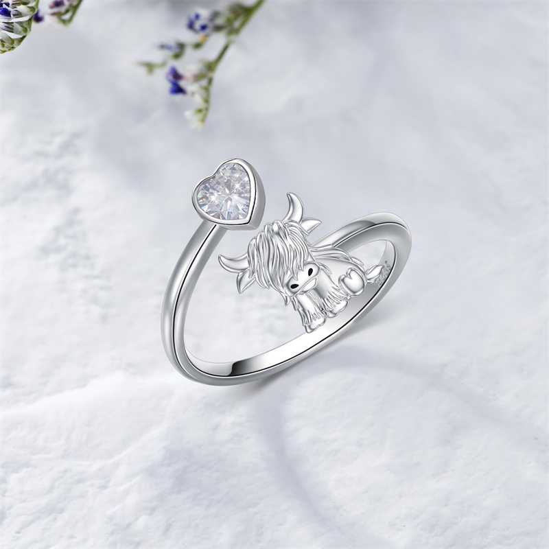 Sterling Silver Heart Birthstone Personalized Engraved Highland Cow Adjustable Ring