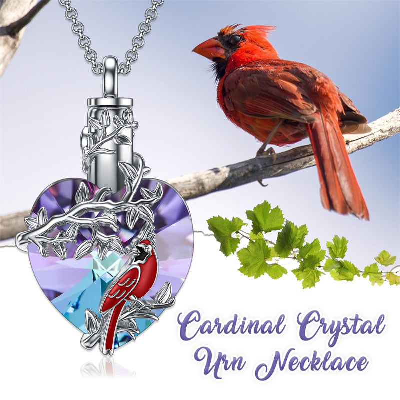 Sterling Silver Heart Crystal Red Cardinal Urn Necklace for Ashes