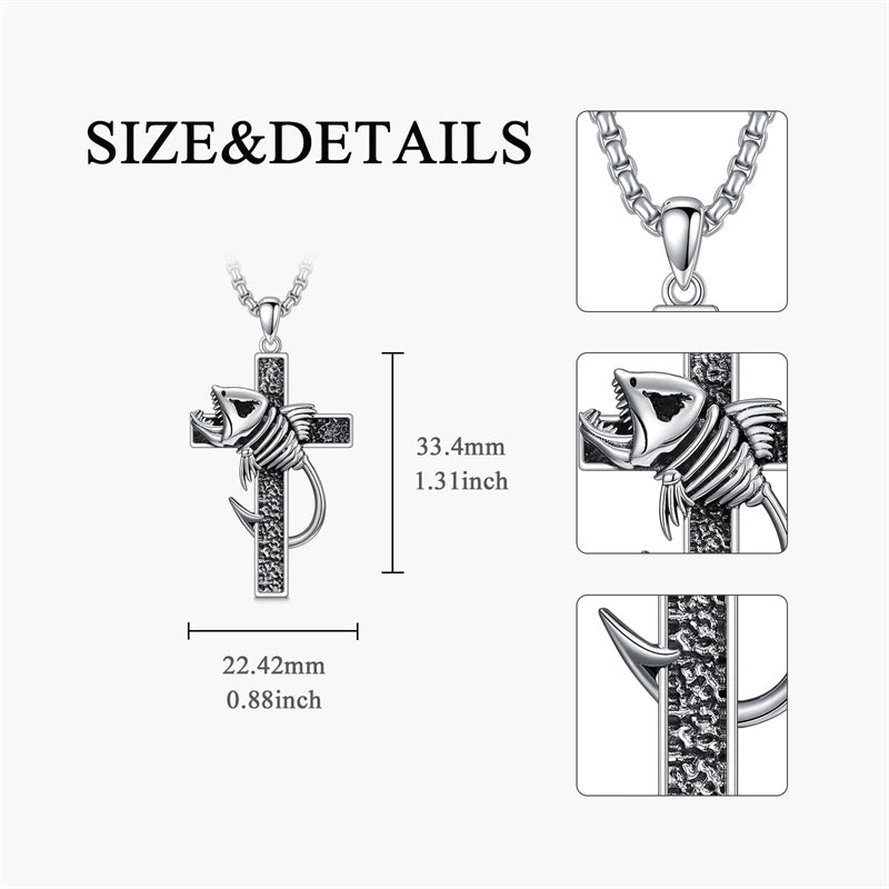 Sterling Silver Shark Fish Hook Triple Moon Cross Pendant Necklace