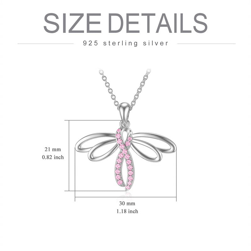 Sterling Silver Breast Cancer Awareness Cross Butterfly Dragonfly Pendant Necklace