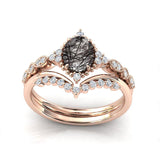 Sterling Silver 10K 14K 18K Personalized Engraved 2CT Natural Black Rutilated Quartz Engagement Ring Set