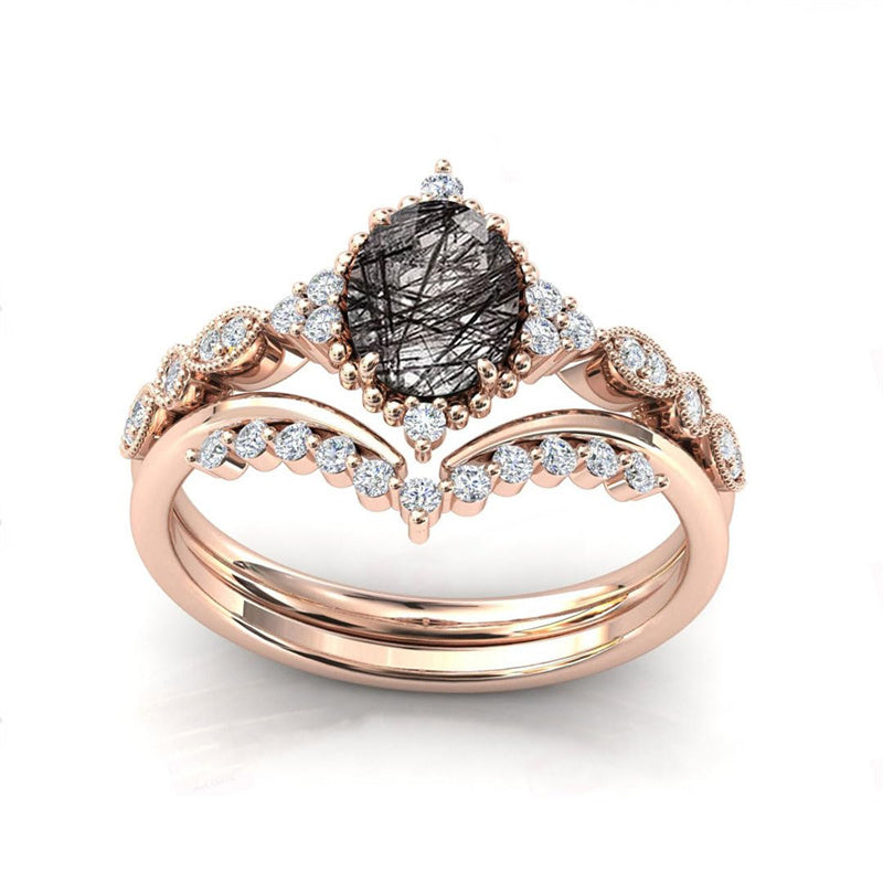 Sterling Silver 10K 14K 18K Personalized Engraved 2CT Natural Black Rutilated Quartz Engagement Ring Set