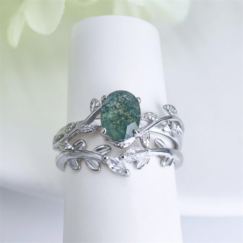 Sterling Silver Pear Kite Round Oval Cut Natural Moss Agate Leaf Engagement Wedding Promise Ring Set