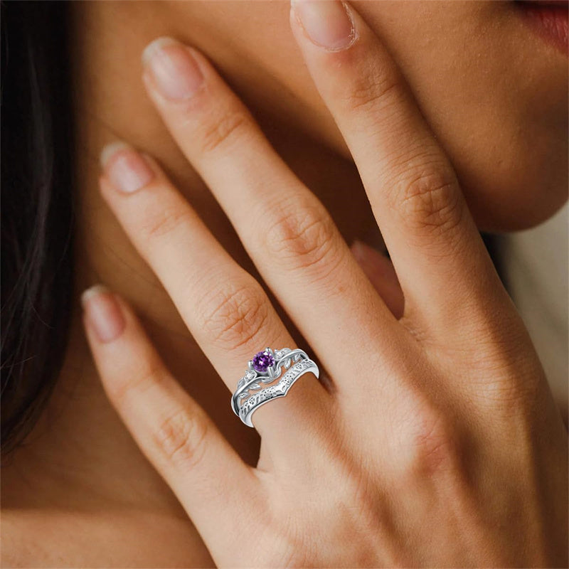 Sterling Silver Round Amethyst  Leaf Engagement Rings Set for Women