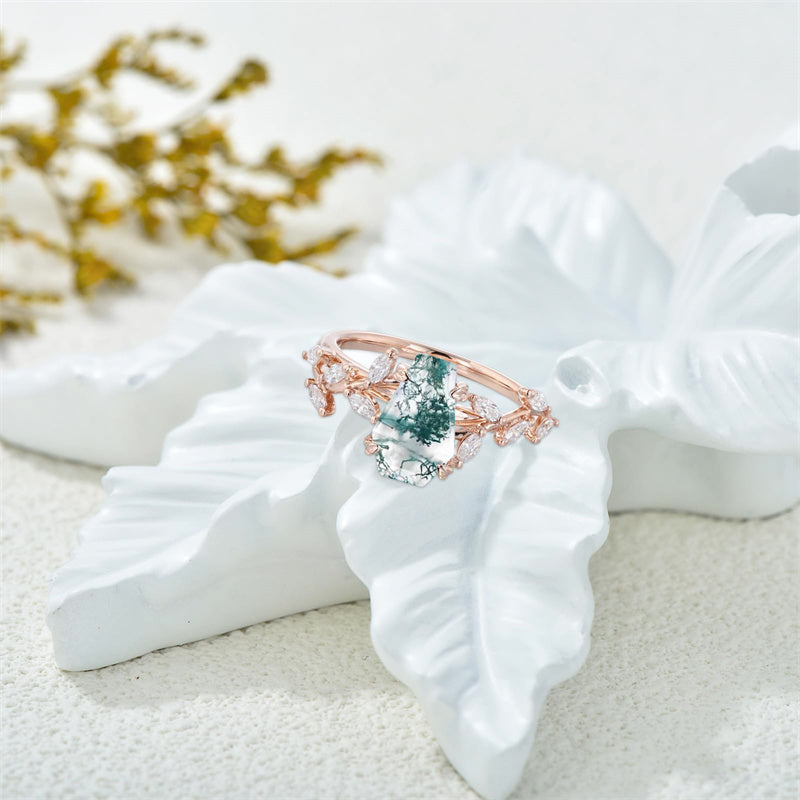 Sterling Silver 10K 14K 18K 2CT Natural Moss Agate Leaf Engagement Wedding Promise Rings Set