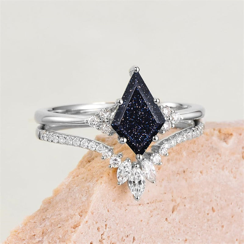 Sterling Silver 10K 14K 18K Gold Kite Cut Gemstone Wedding Ring Set