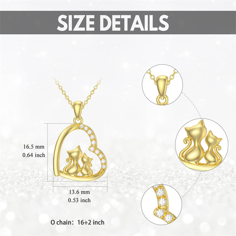 14K Gold 5A Cubic Zircon Cat Heart Pendant Necklace