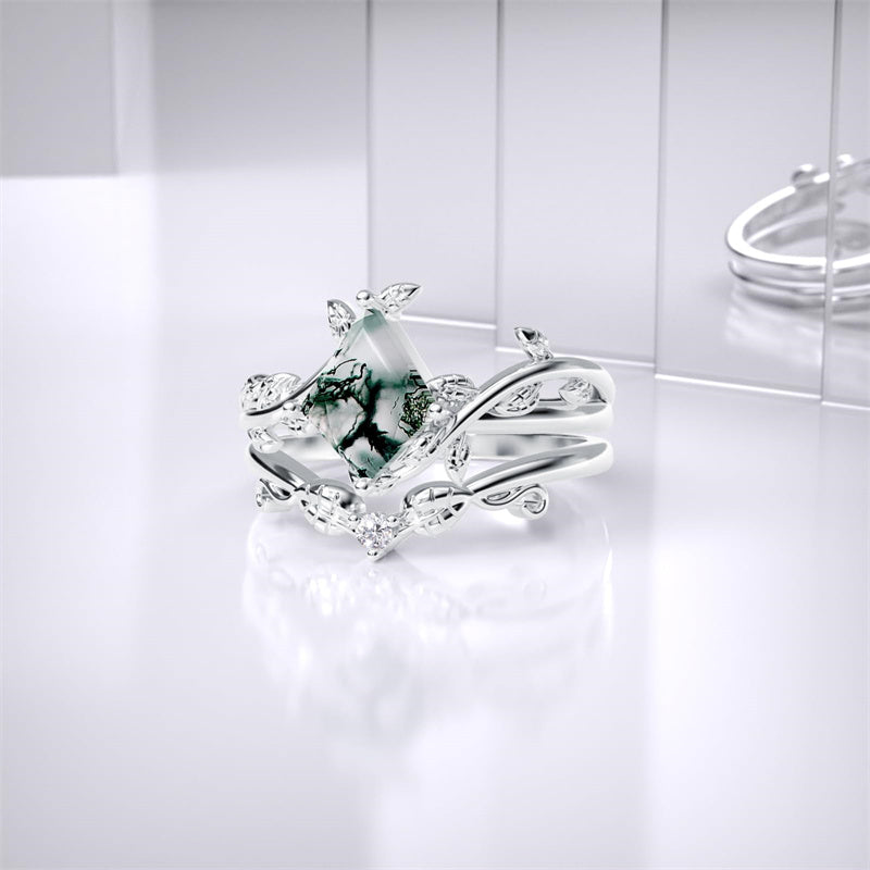 Sterling Silver Kite Cut Natural Moss Agate  Ring Set Promise Ring