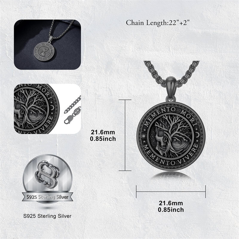 Sterling Silver Memento Mori Gothic Skull Amulet Pendant Necklace for Men