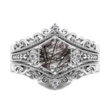 Sterling Silver 10K 14K 18K Personalized Engraved 2CT Natural Black Rutilated Quartz Engagement Ring Set