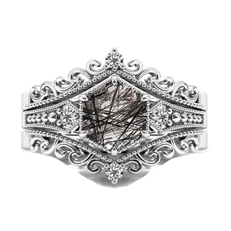 Sterling Silver 10K 14K 18K Personalized Engraved 2CT Natural Black Rutilated Quartz Engagement Ring Set
