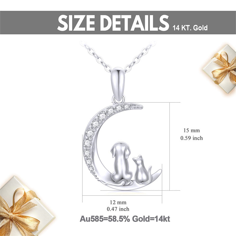 14K Gold Cubic Zirconia Dog and Cat Moon Pendant Necklace