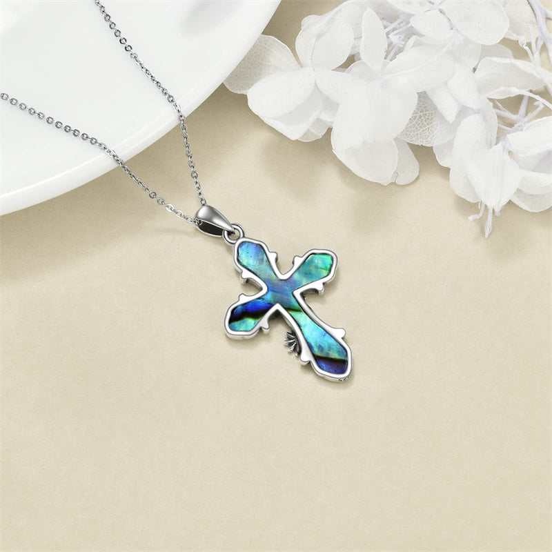 Sterling Silver Abalone Shell Turquoise Origami Cross Pendant Necklace