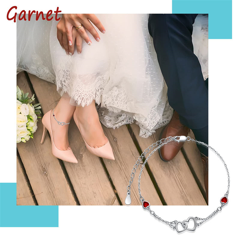 Sterling Silver Double Heart Birthstone Single Layer Anklet