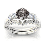 Sterling Silver 10K 14K 18K Personalized Engraved 2CT Natural Black Rutilated Quartz Engagement Ring Set
