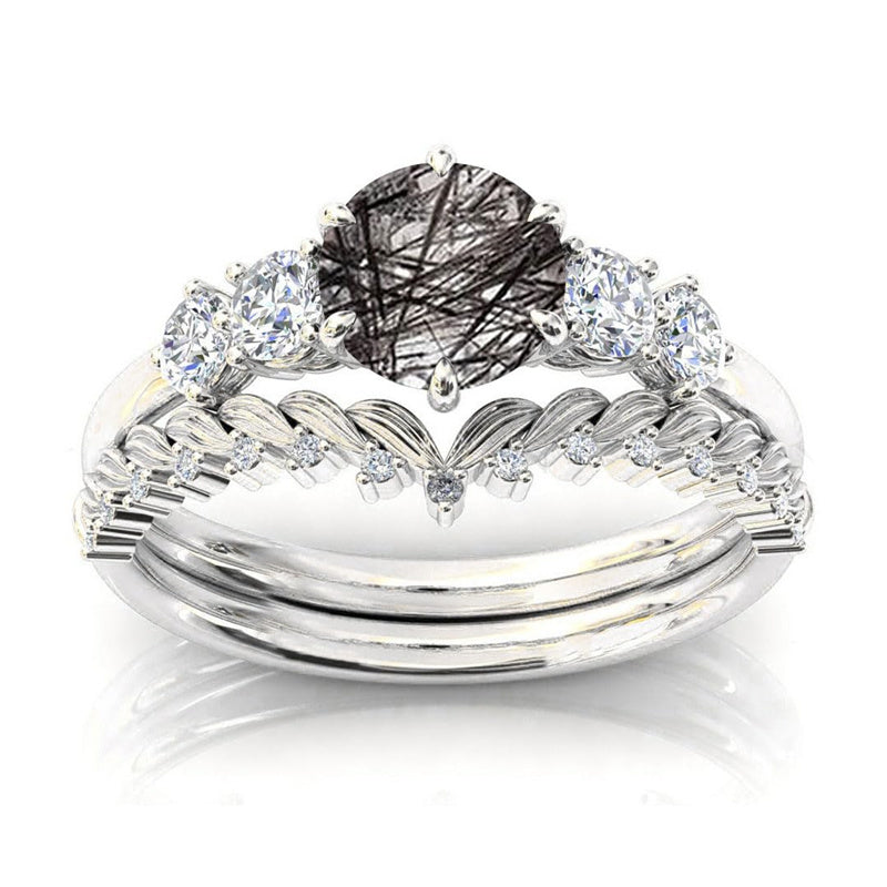 Sterling Silver 10K 14K 18K Personalized Engraved 2CT Natural Black Rutilated Quartz Engagement Ring Set