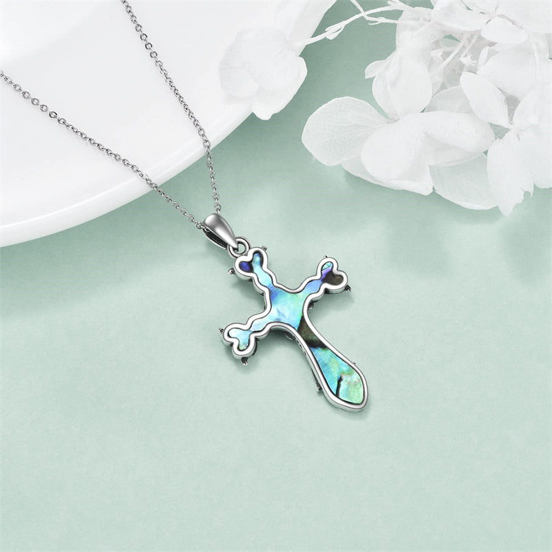 Sterling Silver Abalone Shell Turquoise Origami Cross Pendant Necklace