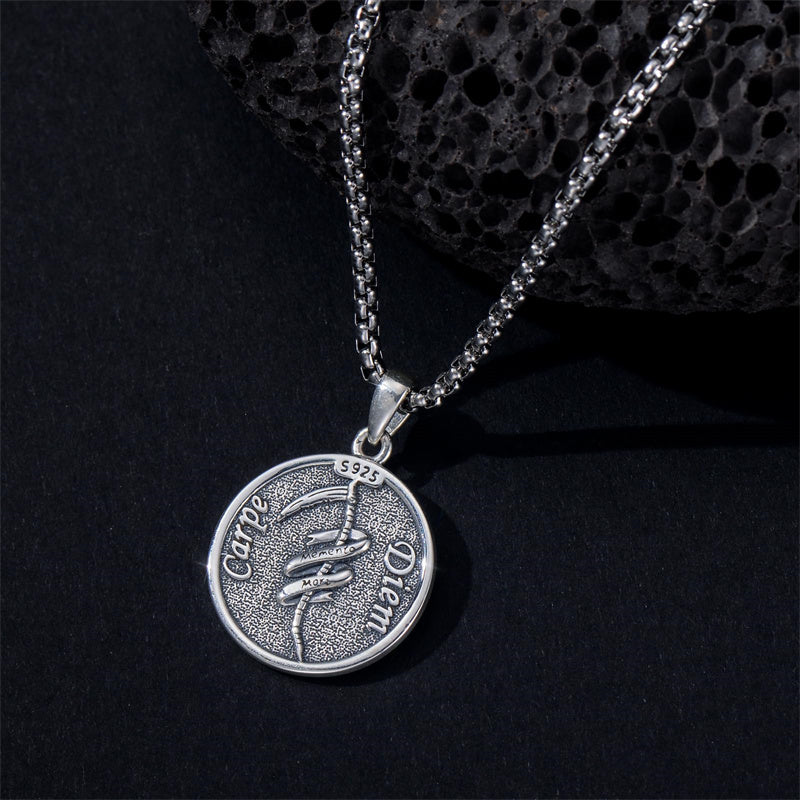 Sterling Silver Gothic Skull Memento Mori Pendant Necklace with Engraved Word
