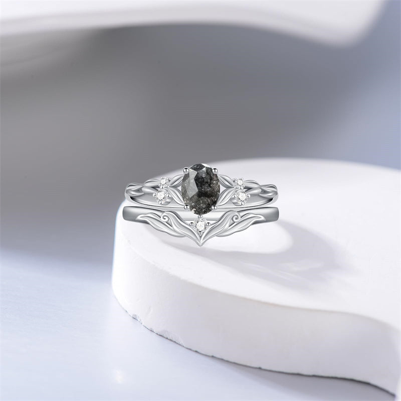 Sterling Silver 10K 14K 18K Gold  Oval Cut Unique Vine Gemstone Wedding Ring Set