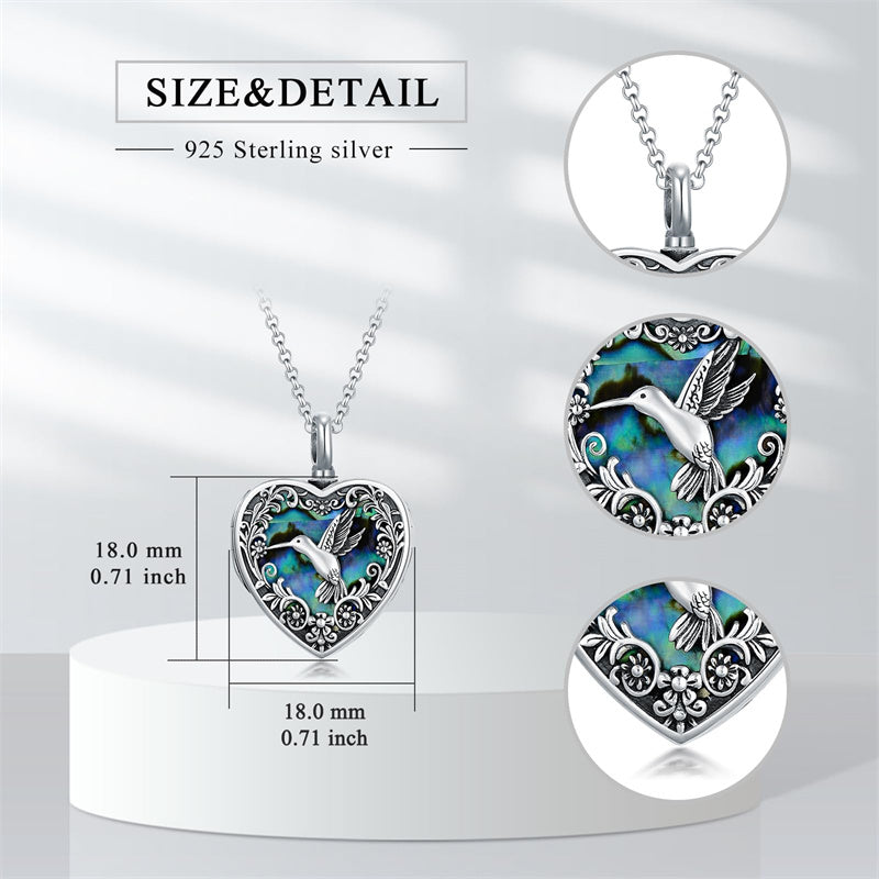 Sterling Silver Abalone Shell Heart Hummingbird Urn Locket Necklace for Ashes Custom Photo Necklace