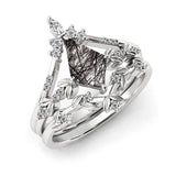 Sterling Silver 10K 14K 18K Personalized Engraved 2CT Natural Black Rutilated Quartz Engagement Ring Set