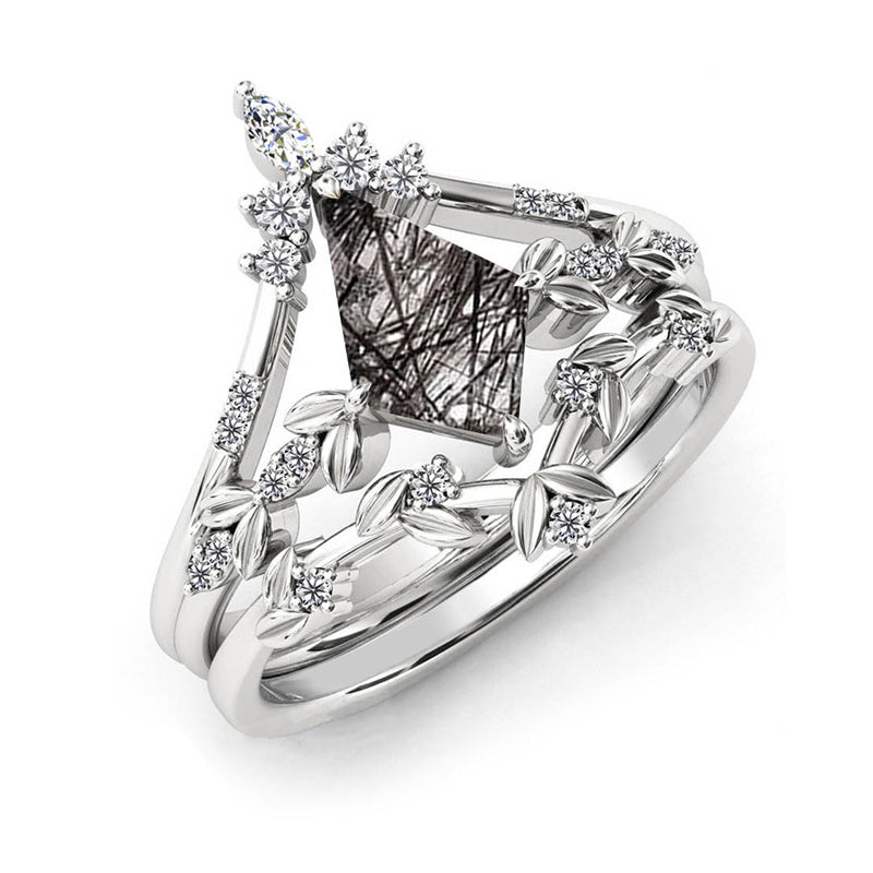 Sterling Silver 10K 14K 18K Personalized Engraved 2CT Natural Black Rutilated Quartz Engagement Ring Set