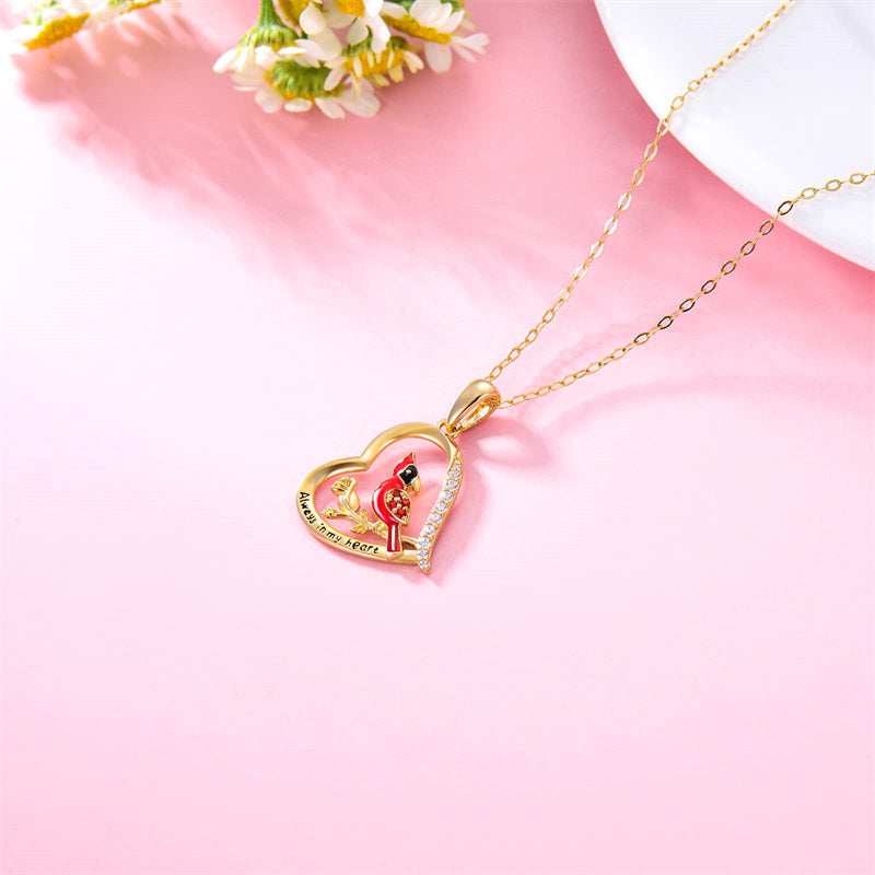 14K Gold Red Cardinal Bird Pendant Necklace Engraved With Always in My Heart