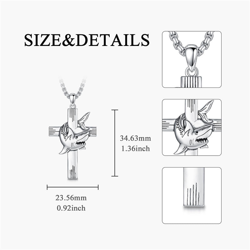 Sterling Silver Shark Fish Hook Triple Moon Cross Pendant Necklace