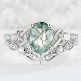 Sterling Silver 10K 14K 18K Gold  Personalized  Engraved Natural Moss Agate Engagement Bridal Wedding Ring Set