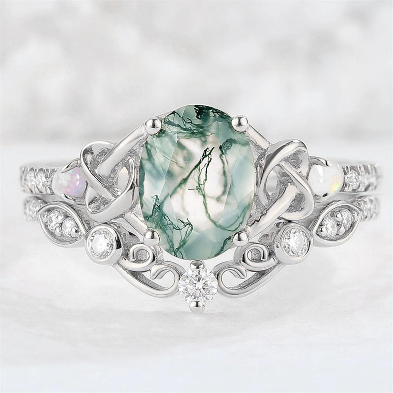 Sterling Silver 10K 14K 18K Gold  Personalized  Engraved Natural Moss Agate Engagement Bridal Wedding Ring Set